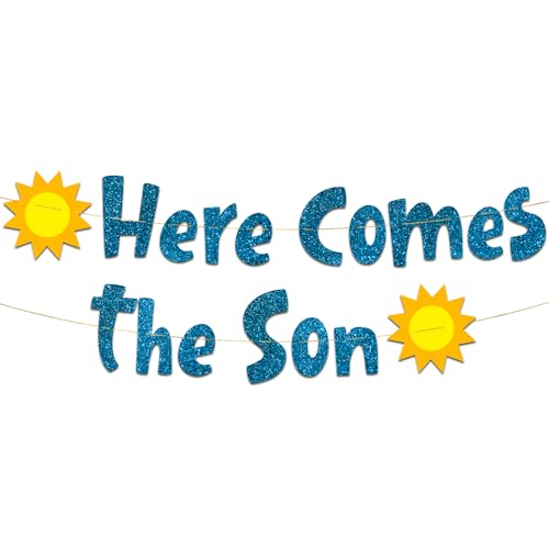 Here Comes The Son Glitter Banner - Baby Shower Decorations for Boy - Blue Gender Reveal Party Garland