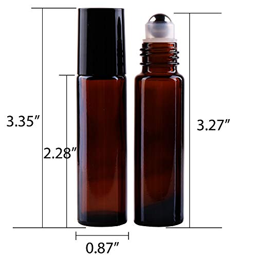 24, 10ml Amber THICK Glass Roller Bottles Big Steel Roll Ball for Aromatherapy Essential Oils (24 Labels, 3 Droppers, 1 Funnel, 1 Extra Roller Balls, 1 Bottle Opener)