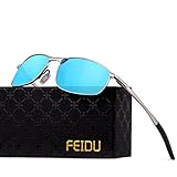 FEIDU Polarized Sport Mens Sunglasses HD Lens Metal Frame Driving Shades FD 9005 (Blue/Silver, 2.24)