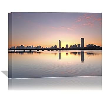 Boston Charles River City Skyline Sunset Picture Canvas Print Wall Decoration Art Bridge Massachusetts Cityscape Photo Painting for Architecture Landscape Framed Wall Decor Artwork for Office Hotel