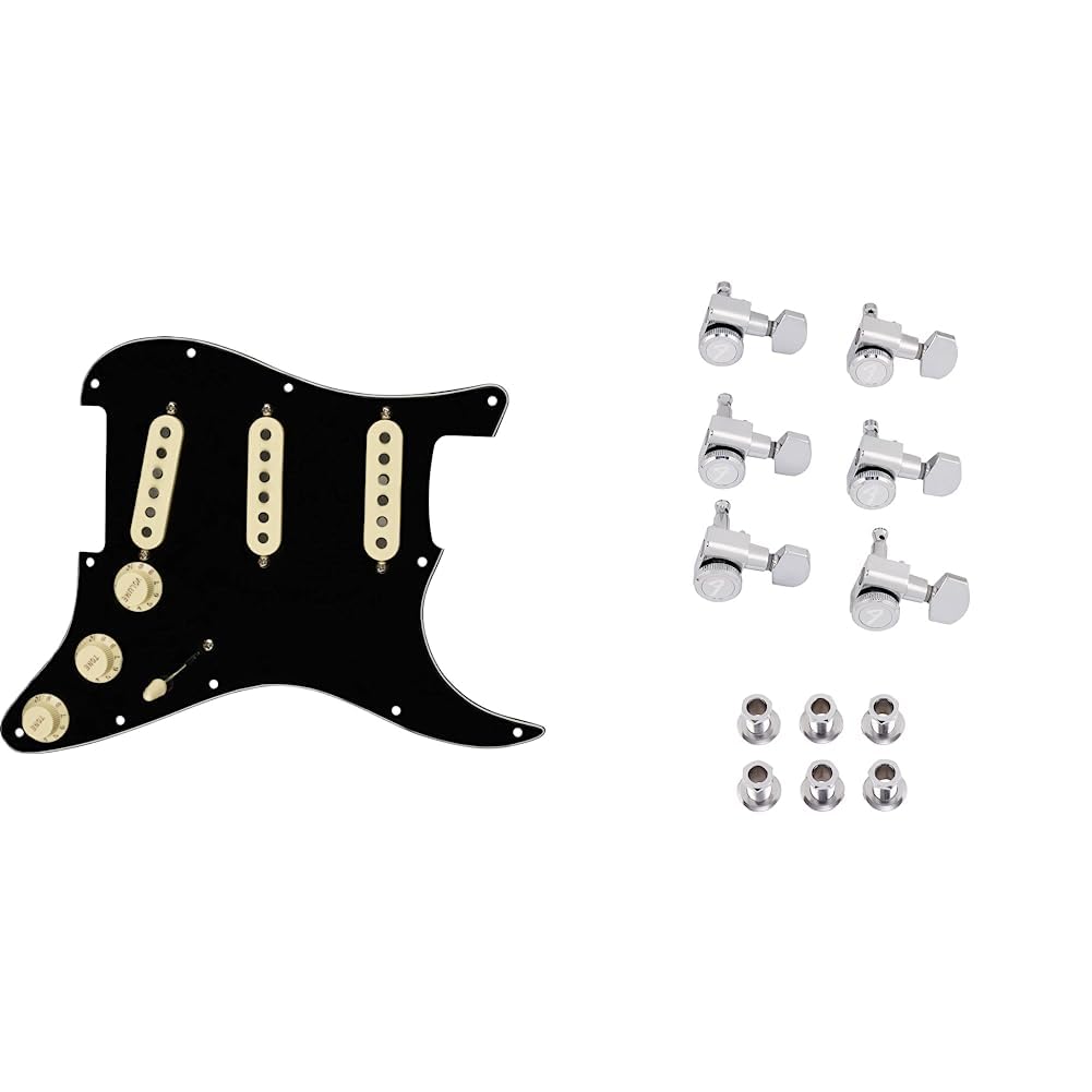 Fender Tex Mex Prewired Stratocaster Pickguard - 3-ply Black & Deluxe Locking Staggered Guitar Tuners, Chrome 1.7 x 10 x 4.5 inches Image