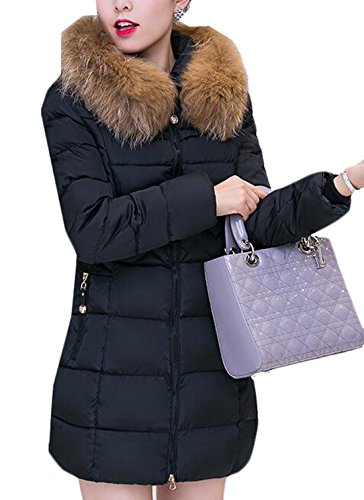 Generic Womens Winter Long Down Coat with Fur Hooded Jackets Black XXL