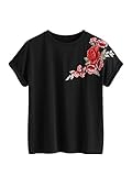 Romwe Women's Floral Embroidery Cuffed Short Sleeve Casual Tees T-Shirt Tops