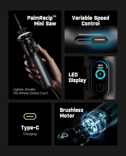 Fanttik R11 Pro Brushless Cordless Mini Reciprocating Saw, 0–2200 SPM Variable Speed, Type-C Fast Charging, Tool-Free Blade Change, 5-Blade Kit for Wood, Metal & PVC