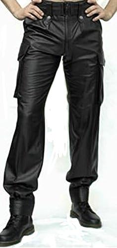 Men's cargo pocket Motorcycle Leather Pants Trouser Emcostyles (48 Natural waist)