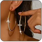 Rhinestone Cross Hoop Earrings for Women Sparkly Earrings Exaggerated Prom Earring Large Rhinestones Round Hoop Earrings Trendy Prom Wedding Jewelry