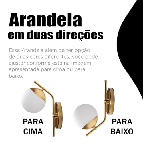 Arandela de Parede Moderna Inclinada Dourada Com Interruptor com Globo Vidro 12cm Para Decorar Casa e sala, Cama Cabeceira, Quarto, lavabo
