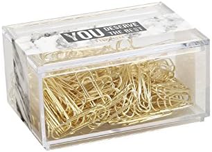 MEITAN Gold Paper Clips in Reusable Acrylic Paper Clip Box With Marble White Belt Medium Size 200pcs/box (1-1/8") (Medium Size)
