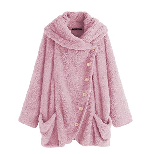 Womens Button Hooded Cotton Coat Clearance Plus Size,Warm Fluffy Tail Tops Loose Sweater Tunic Jacket Outerwear (Hot Pink-Turtleneck, Medium)