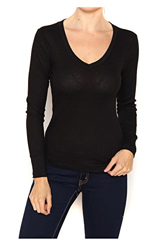 G2 Chic Women's Basic V-Neck Long Sleeve Thermal Jersey Knit Tee