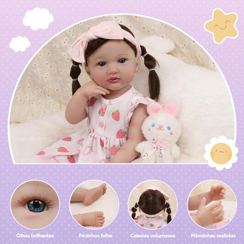 Bebê Reborn Realista Boneca Corpo de Silicone Menina Realista Corpo de Silicone Cabelo Implantado com Acessórios Original Pintada Corpo Realista Olhos Azuis Pode dar Banho 55cm (Menina Coelho 55cm)
