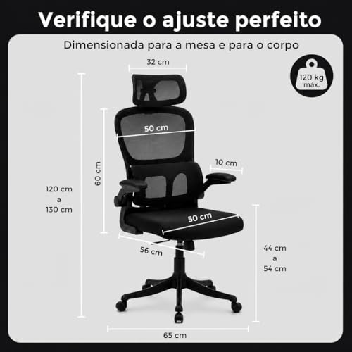 ITS Imports Cadeira de Escritório Presidente Ergonômica Preta Encosto Mesh Reclinável 135 Graus Cadeira Giratória com Apoio de Cabeça Braços Ajustáveis Suporte Lombar Alta Densidade Confortável