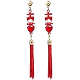 Red Tassels Wedding Statement Dangle Drop Earring S925 Sterling Silver Post for Women New Year Celebration Fashion Earrings Cubic Zirconia Crystal Chinese Style Long Dangling Piercing Xmas Gift