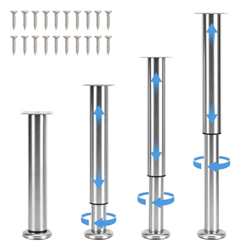 Set of 4 Adjustable Furniture Feet, Stainless Steel Furniture Legs with Non-Slip Pads, Load up to 500 kg for TV Cabinet Sofa Bed (25-42 cm)