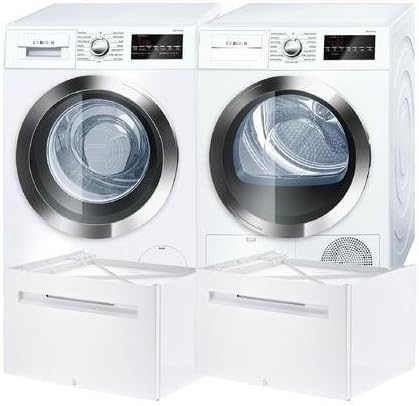 800 Series White Front Load Compact Laundry Pair with WAT28402UC 24 Washer WTG86402UC 24 Electric Condensation Dryer and 2 WMZ20490 Pedestals