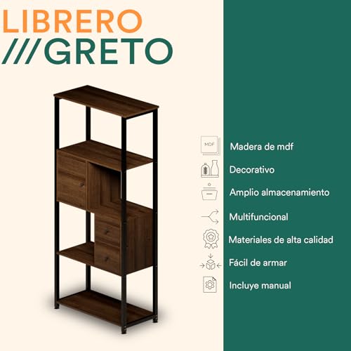 MUBSON Estante Organizador de 4 Repisas con Cajones Organizadores para Sala, Recamara o Estudio. Librero Minimalista Greto con Altura de 158 cm. Estanteria. Bookshelf Decor. Shelf Organizer