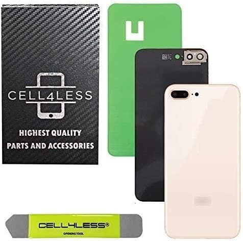 Cell4less Back Glass Cover OEM Battery Door Replacement w/Adhesive, Installed Camera Frame w/Lens & Removal Tool for Apple iPhone 8 Plus (Gold)