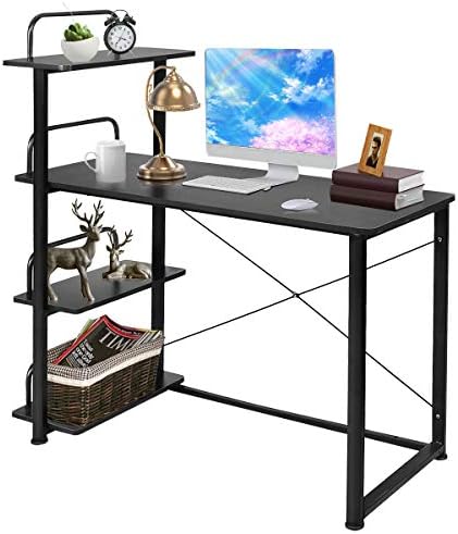 Tangkula Computer Desk Modern Home Office Workstation with 4 Tier Bookshelves Wood Compact Laptop Writing Table Business Desk with Shelves, Black