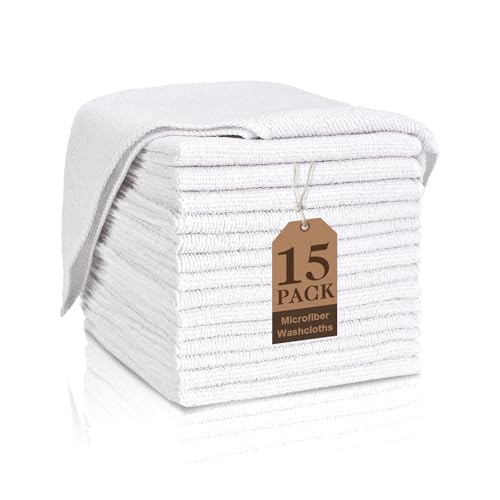 TEAWOO White Washcloths 15 Pack, Highly Absorbent & Quick Drying Face Towels, Premium Quality Soft Bath Towels, Multipurpose Microfiber Wash Cloths, 12x12 inches