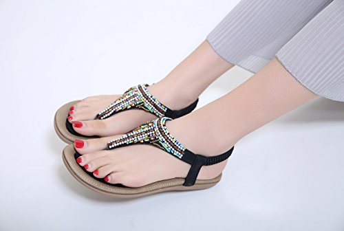 Women's Bohemian Beaded Summer Flat T-Strap Thong Sandals, Classic Black Open Toe Glitter Rhinestone Shiny Candy Colored Beads Shoes for Dressy Casual Jeans Daily Wear and Beach Vacation Amazon Choice