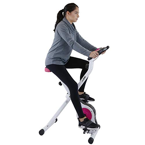 Xspec Foldable Stationary Upright Exercise Bike Magnetic Cardio Workout Indoor Cycling, Pink/White, Monitor with Phone/Tablet Holder, Heart Rate Pulse Sensor - Thumbnail 3