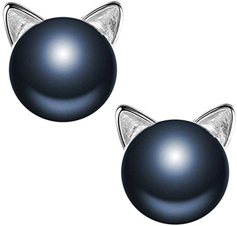 Millechic Black Cat Ear Stud Earrings Freshwater Cultured Pearl Stud Earrings Sterling Silver Ear Studs