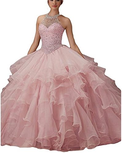 WHZZ Womens Ball Gown Ruffles Beaded Prom Gowns Halter Quinceanera Sweet 16 Dresses For Teens Long