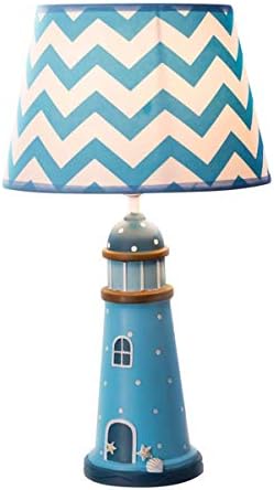 Shihui light Children's table lamp, boy and girl bedroom bedside lamp dimmable, children's room creative warm blue lighthouse style decorative interior lamp