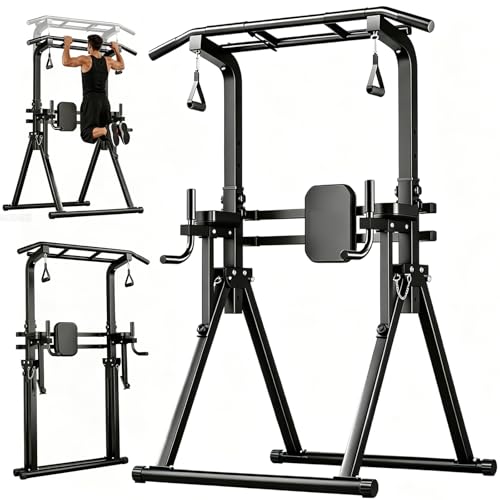 GOHOMKIC Barra de Dominadas Plegable, Estructura Triangular, Estación de Barra de Inmersión de Gimnasio en Casa, Altura Ajustable, Equipo de Entrenamiento de Fuerza Multifuncional