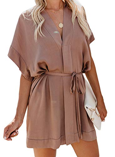 Elapsy Womens Summer Casual V Neck Batwing Sleeve Loose Kimono Boho Shift Dress for Juniors Apricot Small - Thumbnail 4