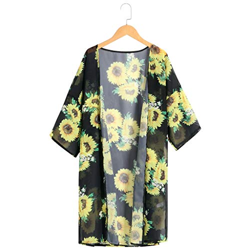 Women's Floral Print Sheer Chiffon Loose Kimono Cardigan Capes Black