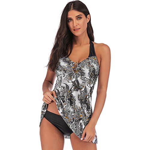 Duseedik Women's Halter Plus Size Swimwear National Print Tankini Swimjupmsuit Plus Size Swimsuit Beachwear Padded Gray - Thumbnail 3