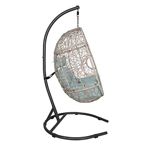 Ulax furniture Outdoor Patio Wicker Hanging Basket Swing Chair Tear Drop Egg Chair with Cushion and Stand (Blue)