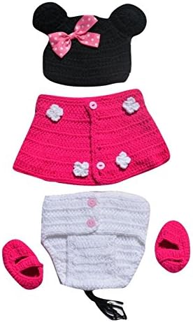 Baby Photography Prop Bundle -1 Minnie Mouse Ear Hat- 1 Red Rose and white Skirted pull on diaper cover-2 Booties
