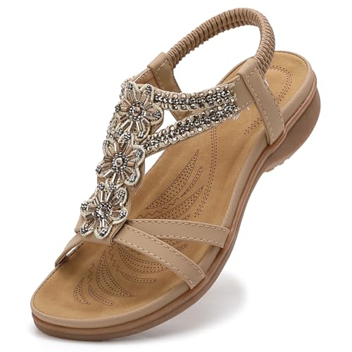 Littleplum Women's Flowers Arch Support Sandals Summer Fashion Non-Slip Beach Comfort Walking Bohemian Flat Sandals