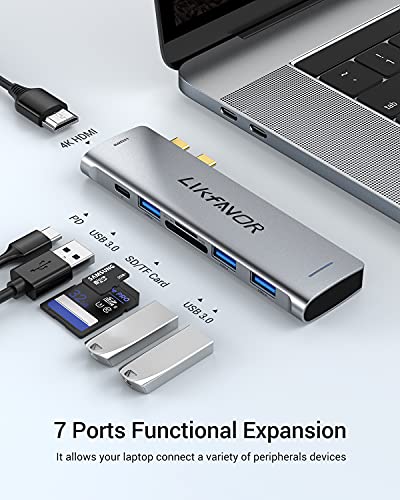USB C Hub, LIKFAVOR USB C Dongle Adapter for MacBook Pro/Air, 7 in 2 Type-C Multiport Adapter with 4k HDMI Output, 3 USB 3.0, SD/TF Card Reader, Power Delivery 100W Thunderbolt 3 Ports