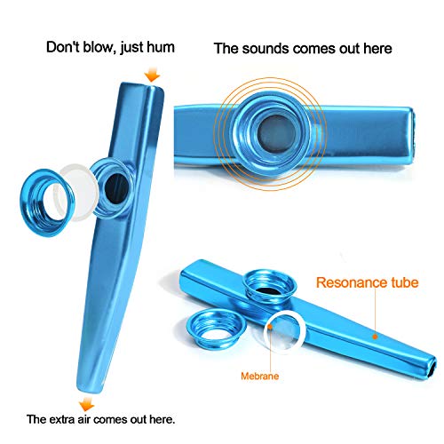 HIFOT 12pcs Metal Kazoo Musical Instruments Kazoos Multipack for Adults Kids with 20pcs Kazoo Flute Diaphragms for Guitar, Ukulele, Violin, Piano Keyboard - 6 Colors - Thumbnail 2