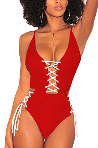 Almaree Crisscross Lace Up Open Back 1 Piece Swimsuit Plunge Swimwear for Woman Red M - Thumbnail 6