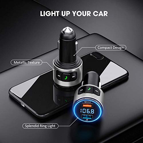 VicTsing Bluetooth FM Transmitter for Car, Bluetooth V5.0, QC3.0 Car Radio Audio Adapter with LED Backlit, Dual USB Charging, Hands-Free Calling, Car Bluetooth MP3 Player Supports USB Disk and Siri