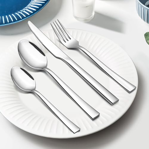 E-far 24-Piece Silverware Set, Stainless Steel Flatware Tableware Set for 6, Eating Dinner Utensils for Home Restaurant Party, Include Spoons, Fork, Knife, Square Edge & Mirror Finish, Dishwasher Safe