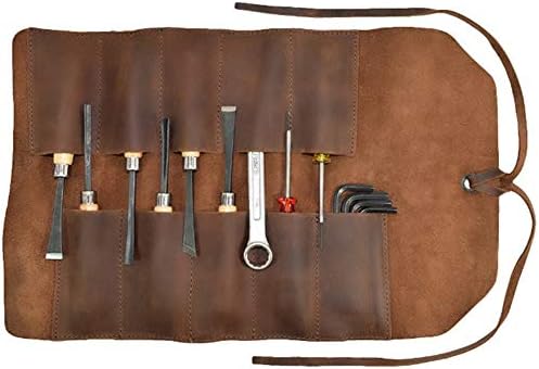 Tool Roll up Bag with Handmade Genuine Leather Waterproof Dustproof and Durable Tool Roll up Pouch Suitable for Barber Engraver Mechanics Electricians Handyman(Retro Brown)