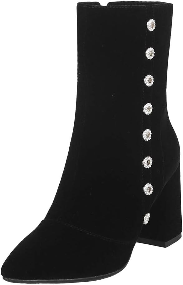 MOTOCO Women Thick High Heel Mid-Length Boots Solid Color Suede Rivet Zipper Booties Non Slip Shoes Ankle Boots