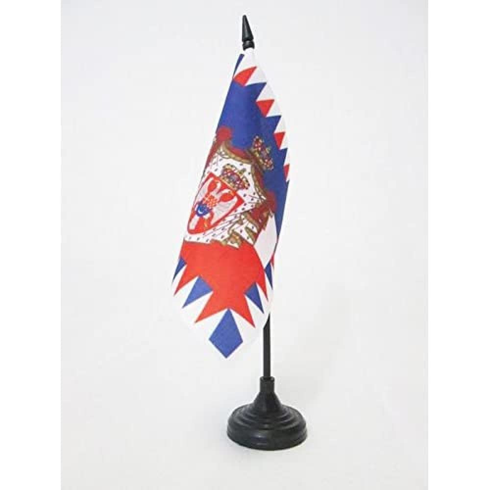 AZ FLAG Royal Standard of Yugoslavia 1918-1945 Table Flag 5'' x 5'' - Yugoslavian kingdom Office Decoration 100% Polyester 15 x 15 cm - Mini Desk Flag with Pole and Black Plastic Base