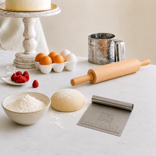 kit Rolo de Massa em Madeira 43 cm com Espatula de Corte e Raspadora de Inox com Régua de Medição 12 x15 cm Utensílio de Cozinha para Massas Premium