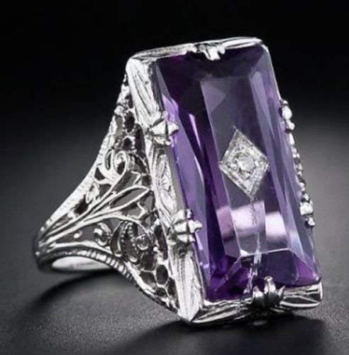 YurenYuren 925 Silver Large Amethyst Gem Band Ring Wedding Proposed Women Jewelry Size 6-10 (US code 8)