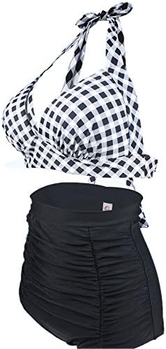 Avanigo Women's Halter High Waisted Swimsuits Retro Rquares Print Bikini Set Push Up Bathing Separate Two Piece Swimwear Suits Plus Size
