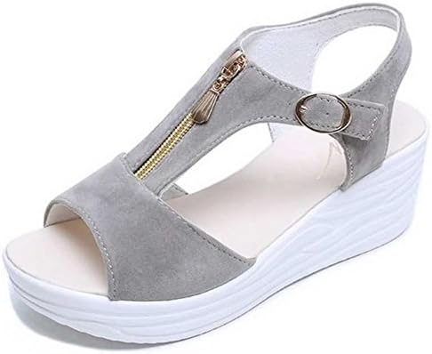 Sandals For Women High Heel Wedge Zipper Open Toe Platform Grey 5.5