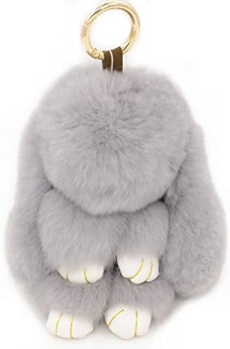 eShion Rex Rabbit Fur Keychain Pompom Ball Doll Pendant Car Handbag Key Ring (Large, Light Gray)