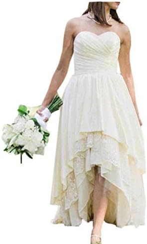 PEBridal Womens Lace Hi Lo Boho Wedding Dress Tiered Sweetheart Bridal Gown US12 Ivory