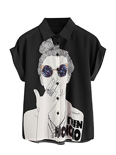 Shein women s print cuffed short sleeve chiffon shirt b…